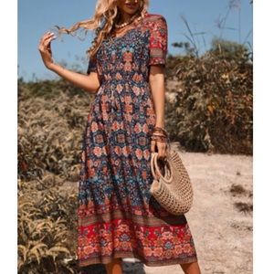 Boho floral print V neck A-line dress